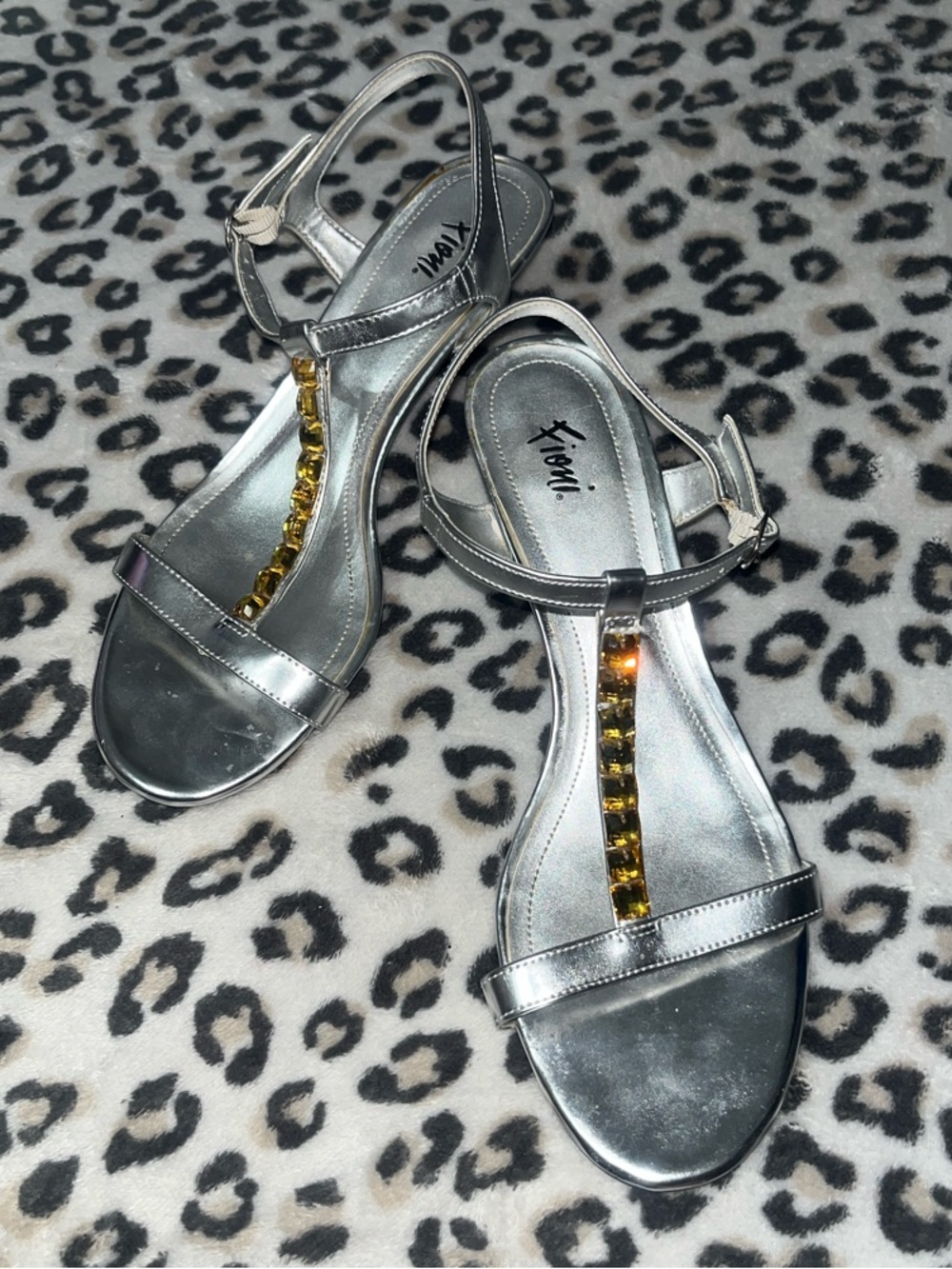 FIONI Clothing Night Silver Slingback Heels with Gold Rhinestone Detail